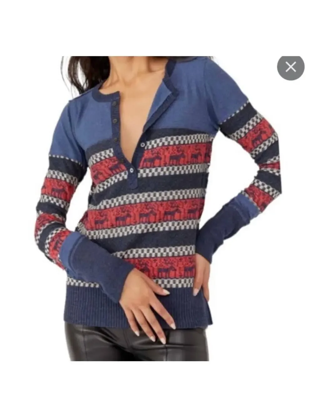We The Free Sweater Womens M Blue Reindeer To The Woods Henley Thermal Top Crew